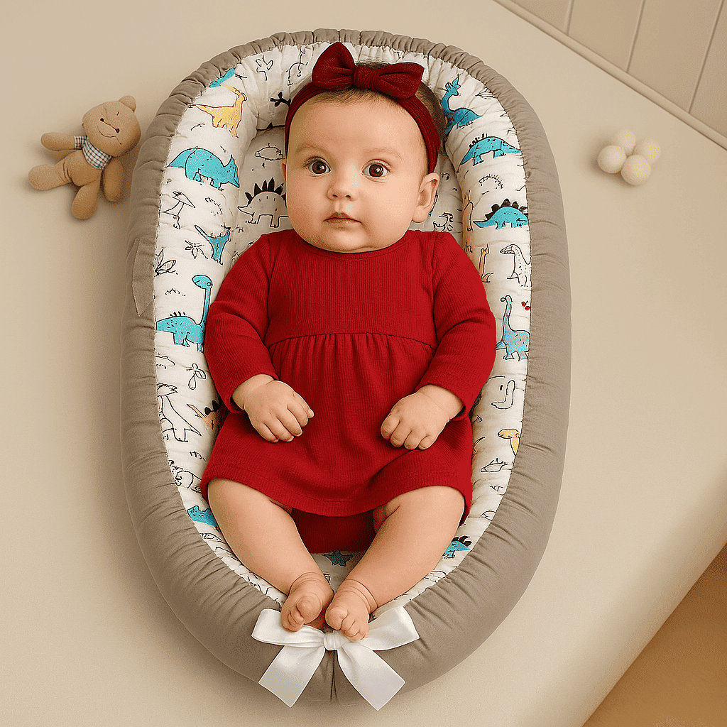reducteur-de-lit-gris-fond-blanc-motif-animaux-bebe-fille-dedans-en-rouge-doudinid