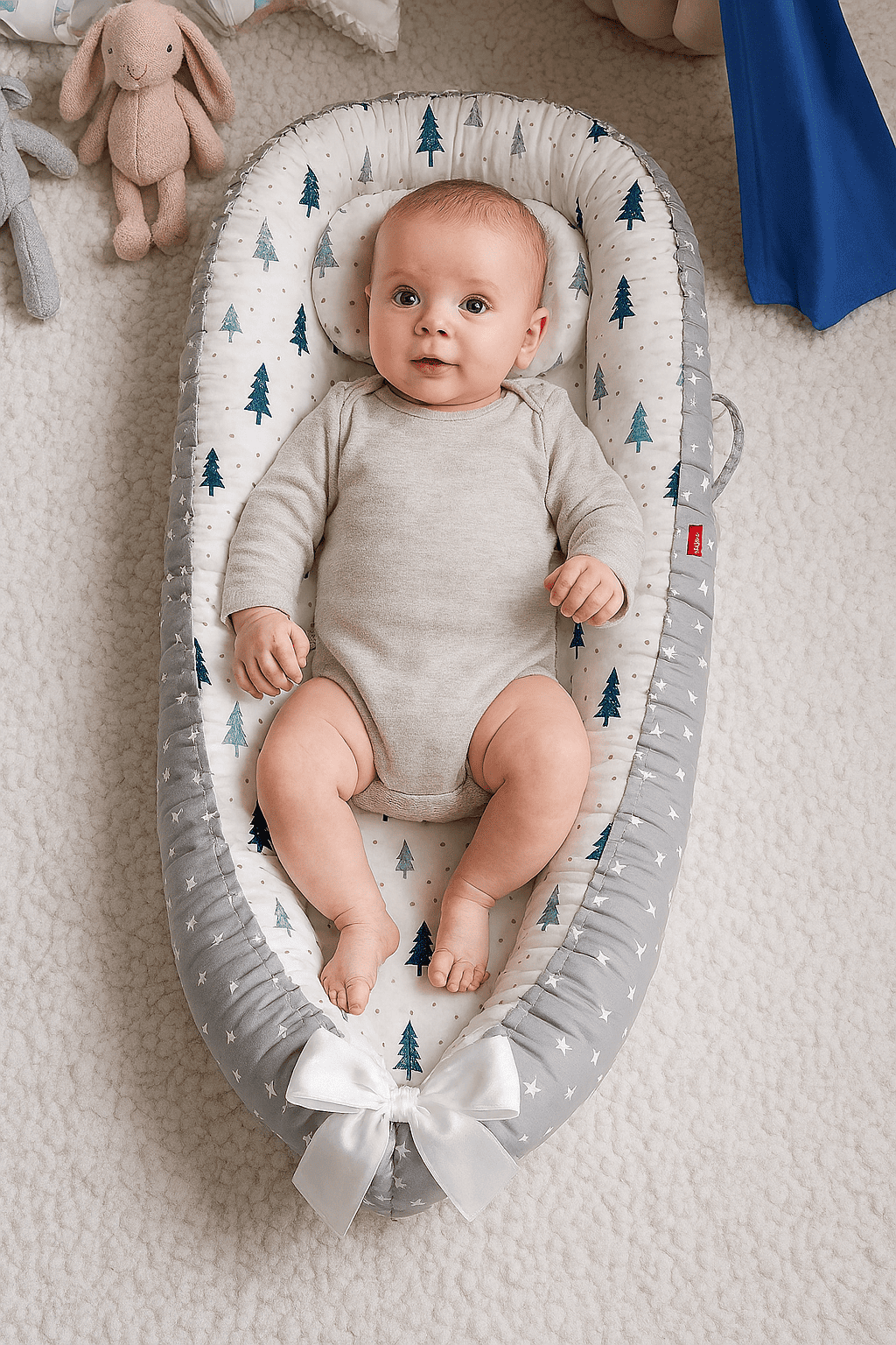 reducteur-de-lit-gris-fond-blanc-motifs-sapin-bebe-souriant-floral