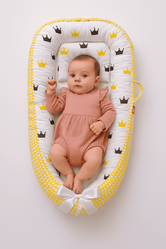 reducteur-de-lit-jaune-fond-blanc-motif-couronne-bebe-dedans-en-rose-doudinid
