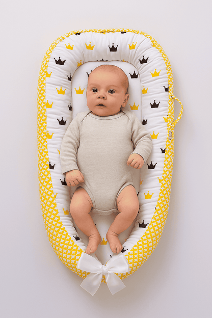 reducteur-de-lit-jaune-fond-blanc-motif-couronne-bebe-eveille-dedans-doudinid