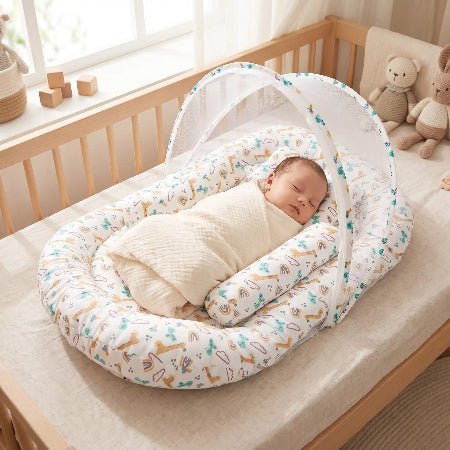 reducteur-de-lit-jukki-bebe-emmaillote-motif-girafe-berceau-bois-rosee-douce