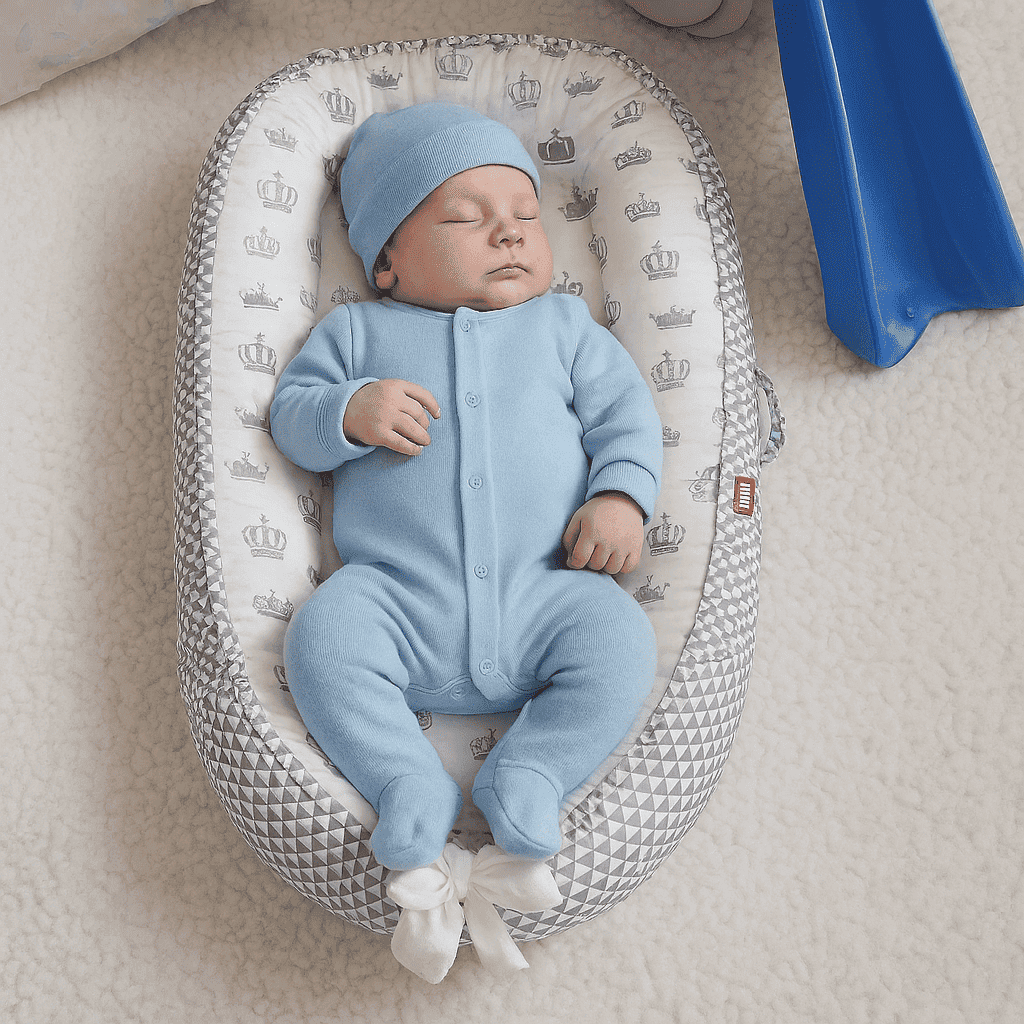 reducteur-de-lit-petit-triangle-fond-blanc-avec-dessin-des-couronnes-avec-bebe-qui-dort-cosynid