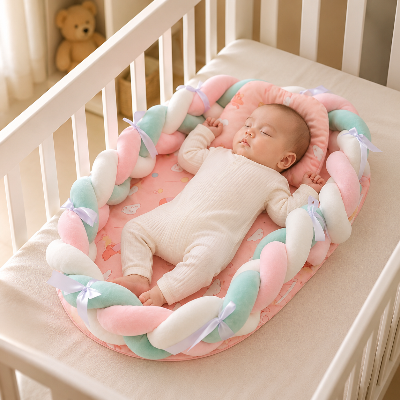 reducteur-de-lit-pour-bebe-nid-rose-tresse-pastel-rubans-chambre-douce-nursery-velours-de-paix