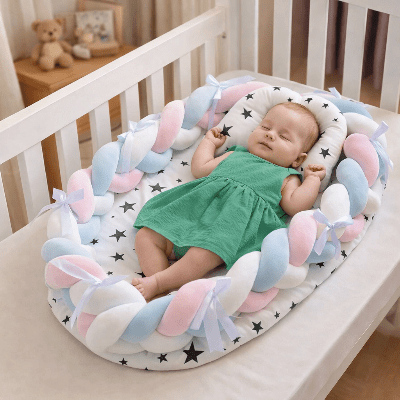 reducteur-de-lit-pour-bebe-nid-securise-etoiles-bebe-endormi-robe-verte-chambre-douce-feuille-de-repos