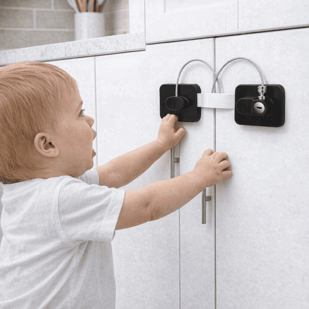 securite-bebe-placard-enfant-tentant-ouvrir-porte-bloquee-stop-doux