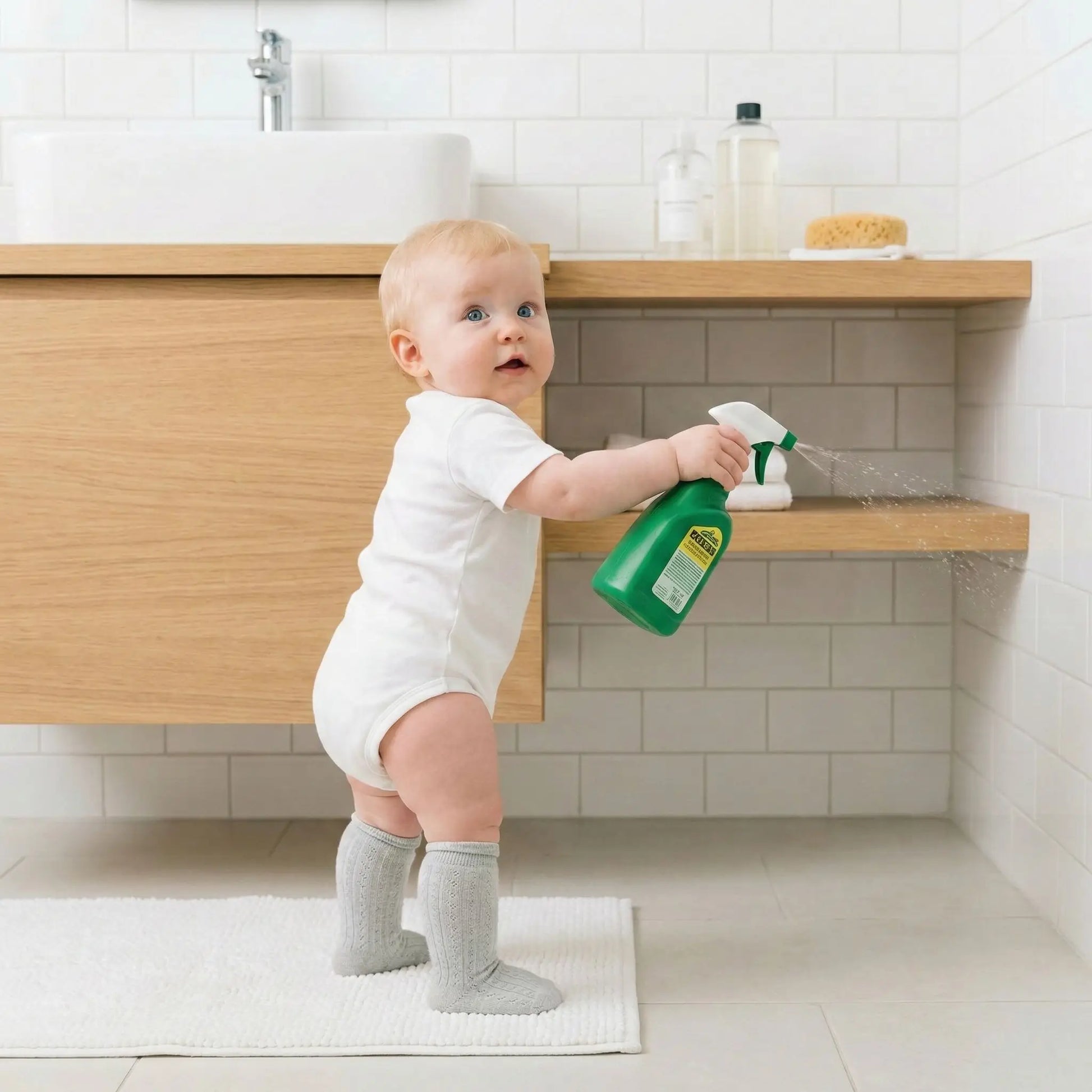 securite-placard-bebe-avec-spray-nettoyant-dans-salle-de-bain-blanche-repos-serein