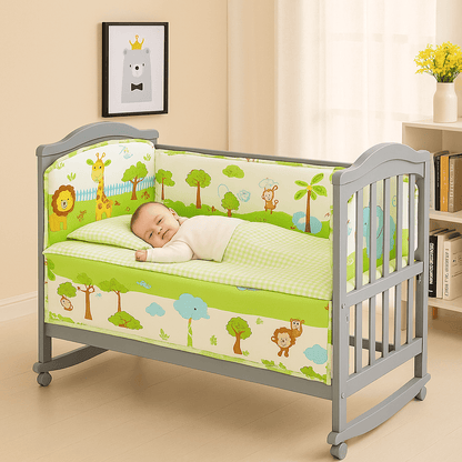 tour-de-lit-avec-dessins-animaux-foret-couleur-verte-fond-blanc-bebe-dort-dans-berceau-delux