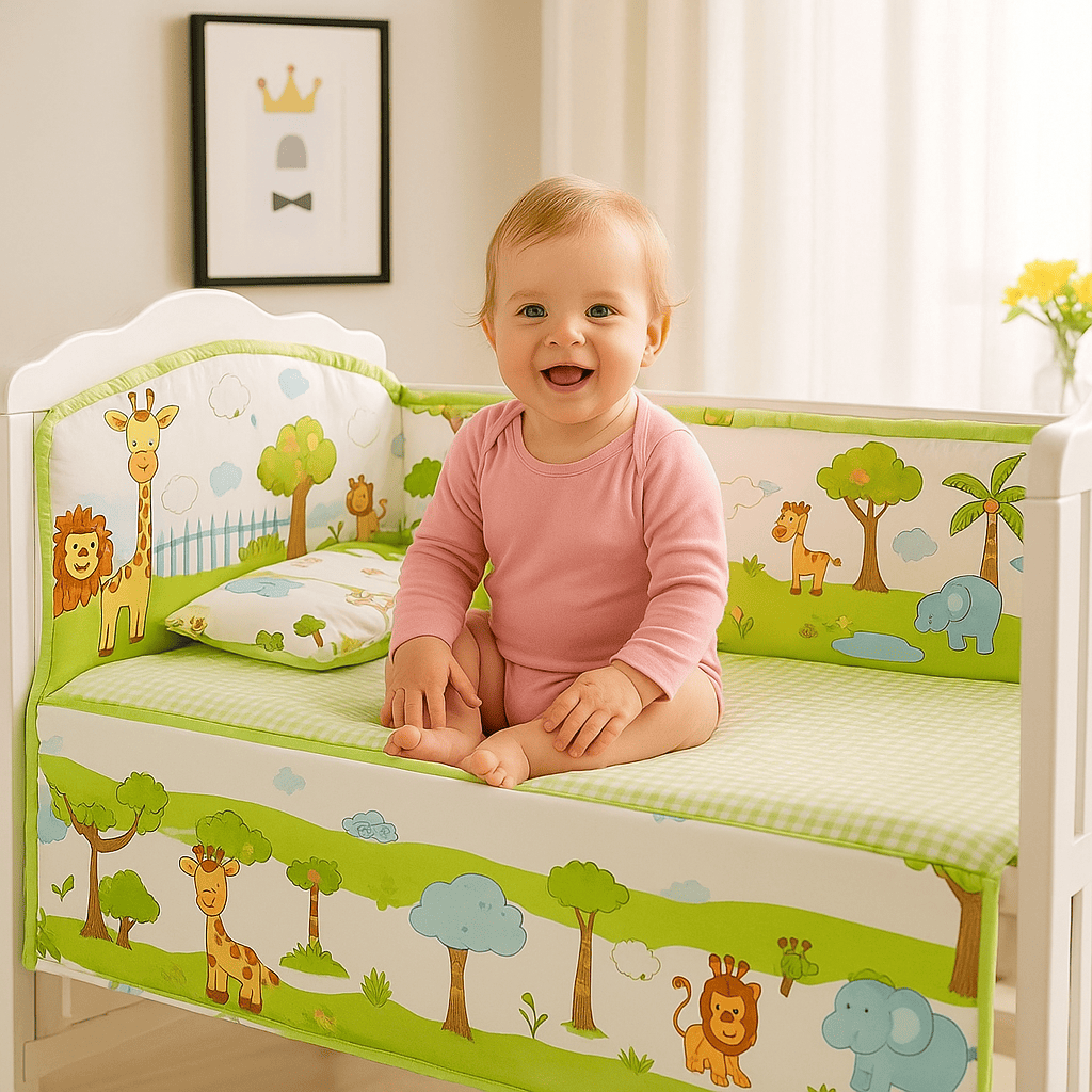 tour-de-lit-avec-dessins-animaux-foret-couleur-verte-fond-blanc-bebe-sourit-dans-lit-delux