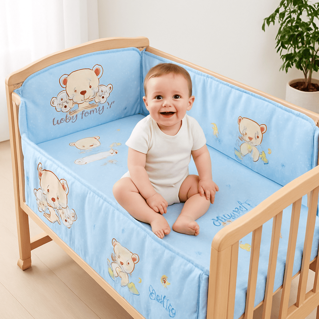 tour-de-lit-avec-dessins-ours-couleur-bleu-fond-bleu-bebe-assit-dans-berceau-reveenclos