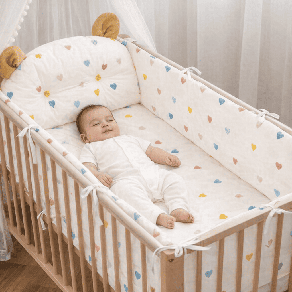 tour-de-lit-bebe-bebe-endormi-dans-berceau-literie-coeurs-colores-douceur-murmure-serein