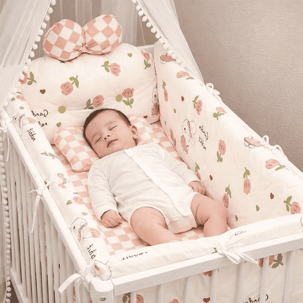 tour-de-lit-bebe-bebe-endormi-dans-berceau-rose-douillet-avec-coussin-et-voilage-ecrin-protecteur