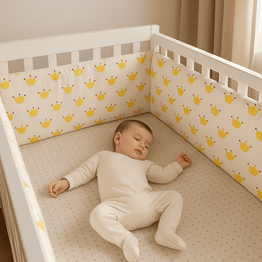 tour-de-lit-bebe-motif-couronne-jaune-fond-blanc-dans-berceau-avec-bebe-endormi-petitroi