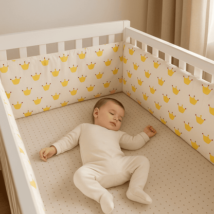 tour-de-lit-bebe-motif-couronne-jaune-fond-blanc-dans-berceau-avec-bebe-endormi-petitroi