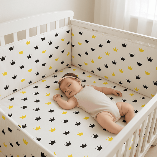 tour-de-lit-bebe-motif-couronne-jaune-noir-fond-blanc-dans-berceau-avec-bebe-petitroi