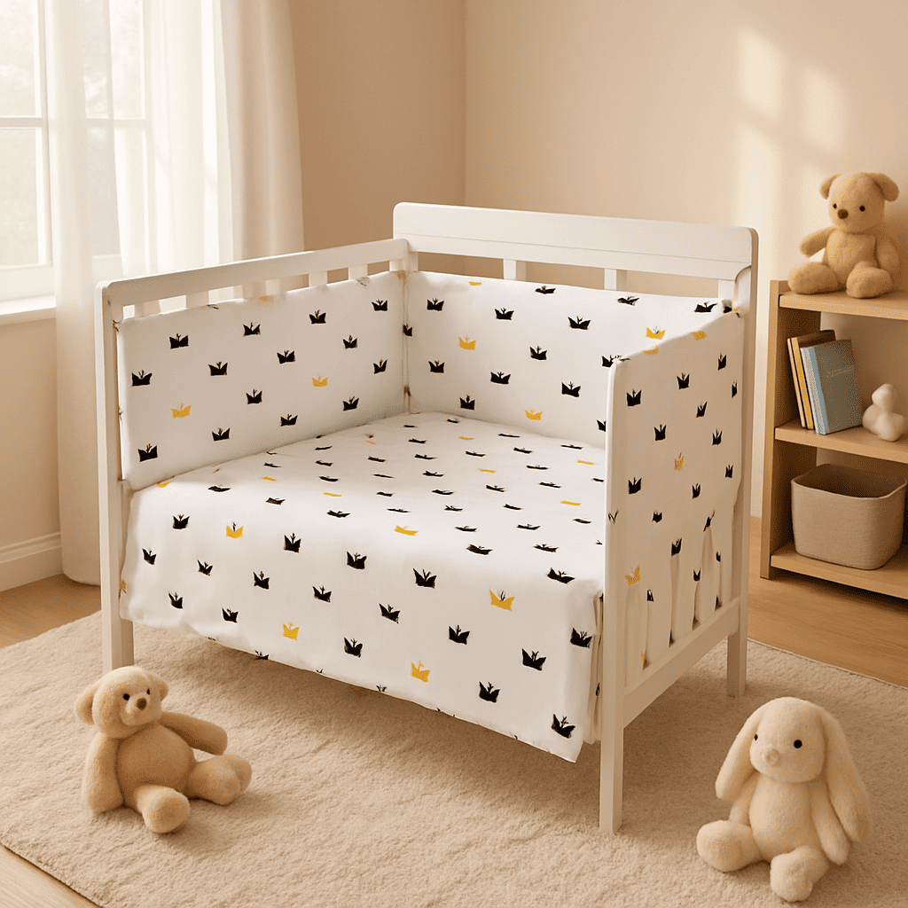 tour-de-lit-bebe-motif-couronne-jaune-noir-fond-blanc-dans-berceau-blanc-petitroi