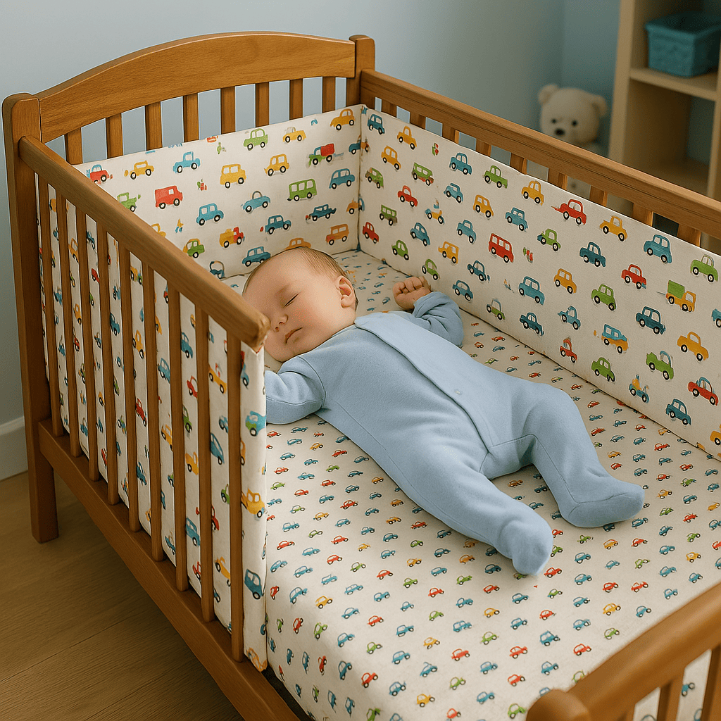 tour-de-lit-bebe-motif-petites-voitures-rouge-vert-et-jaune-fond-blanc-avec-bebe-qui-dort-monespace