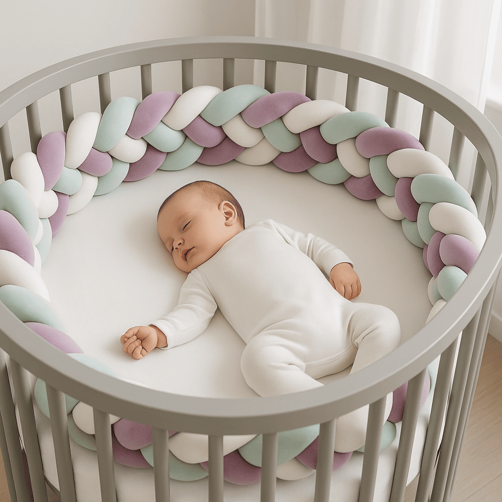 tour-de-lit-bebe-tresse-violet-blanc-vert-dans-lit-en-cercle-gris-avec-bebe-serein-nuage-douillet