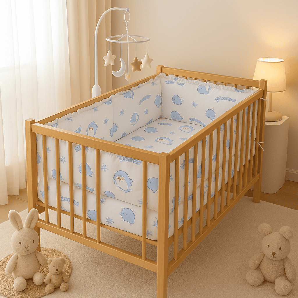 tour-de-lit-motif-poisson-dauphin-couleur-bleu-fond-banc-dans-berceau-bebe-cosibebe