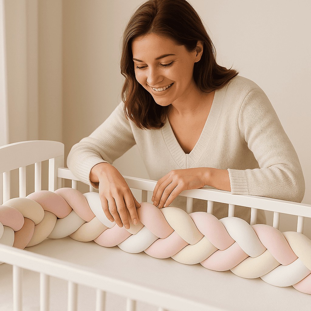 tour-de-lit-tresse-3m-natte-avec-quatres-brins-couleur-rose-beige-blanc-place-dans-un-berceau-avec-une-maman-qui-observe-giselacalin