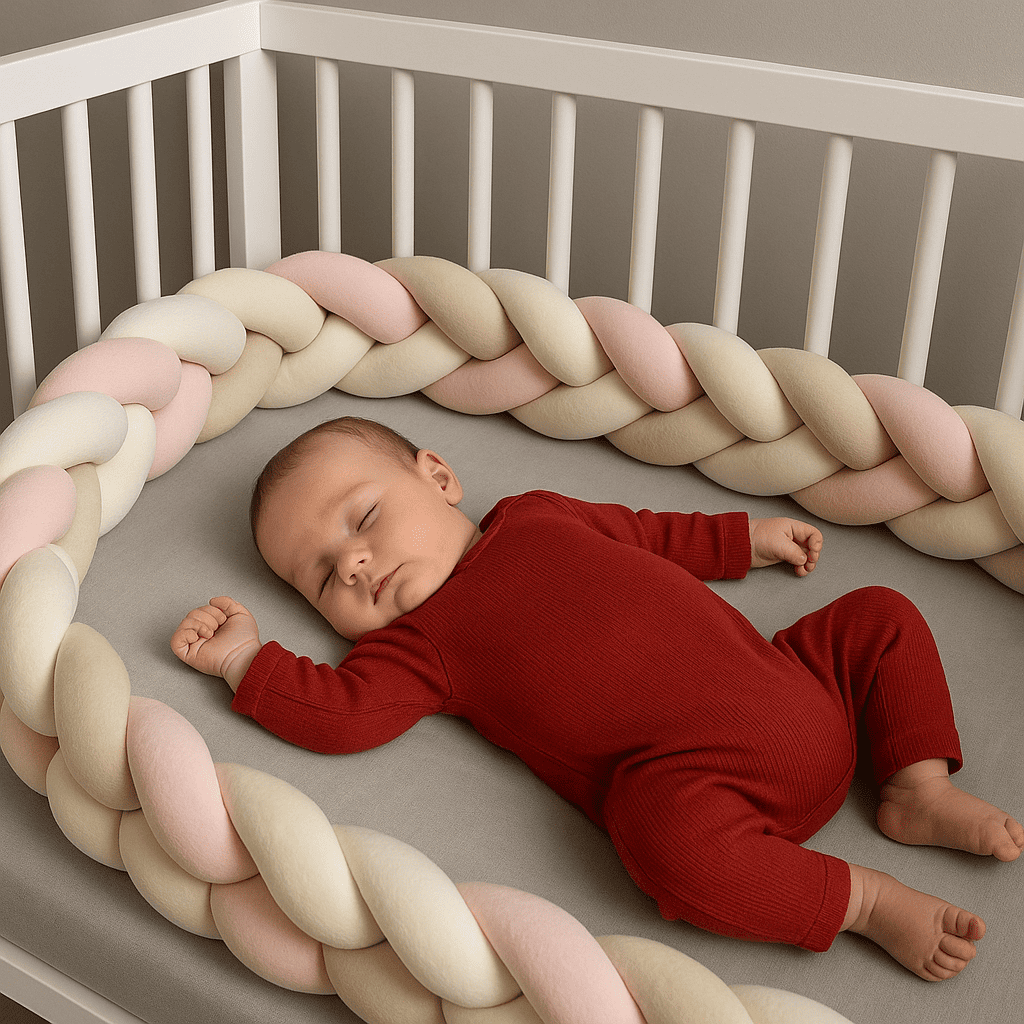 tour-de-lit-tresse-3m-natte-avec-quatres-brins-couleur-rose-beige-blanc-place-dans-un-berceau-blanc-avec-bebe-habille-en-rouge-qui-dort-sereinement-giselacalin