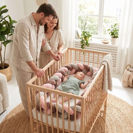 tour-de-lit-tresse-3m-rose-gris-blanc-bebe-berceau-bois-parents-regardent-scene-familiale-doucenoue-serenite