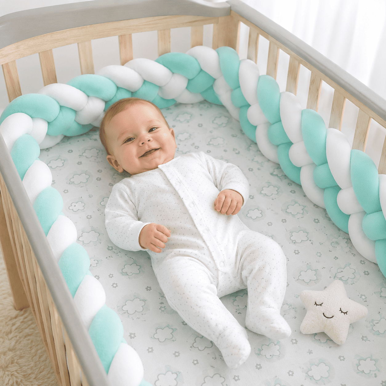 tresse-de-lit-3m-bebe-endormi-nid-menthe-blanc-confort-berceau-douce-nurserie-nuage-abricot