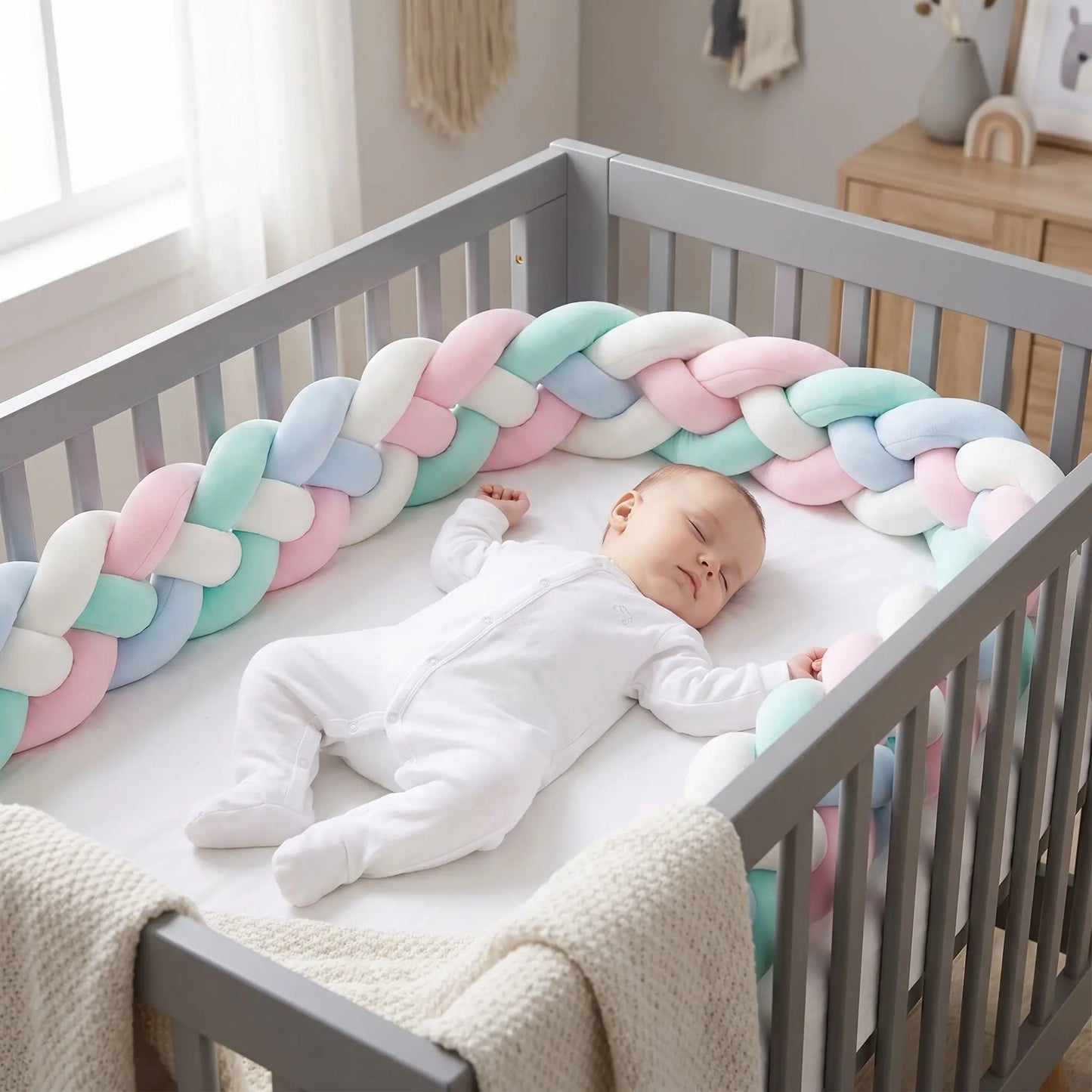 tresse-de-lit-3m-bebe-endormi-nid-pastel-rose-bleu-vert-confort-berceau-vent-douillet