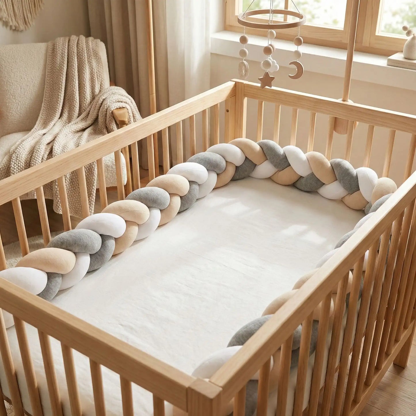 tresse-de-lit-3m-gris-beige-blanc-berceau-bois-nurserie-douceur-securite-brise-miel