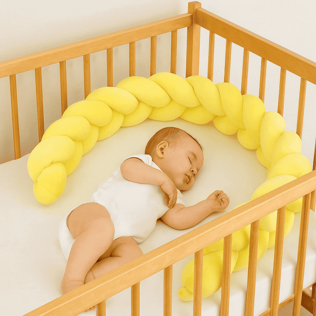 tresse-de-lit-3m-jaune-douceur-bebe-endormi-berceau-bois-securite-confort-bouclier-bebe
