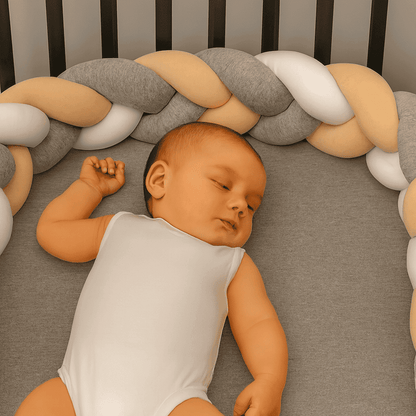tresse-de-lit-3m-lit-noir-bebe-endormi-matelas-gris-coussin-braide-securite-brise-miel
