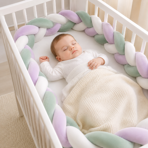 tresse-de-lit-3m-bebe-endormi-berceau-rond-teal-moutarde-blanc-confort-nurserie-cocon-coton