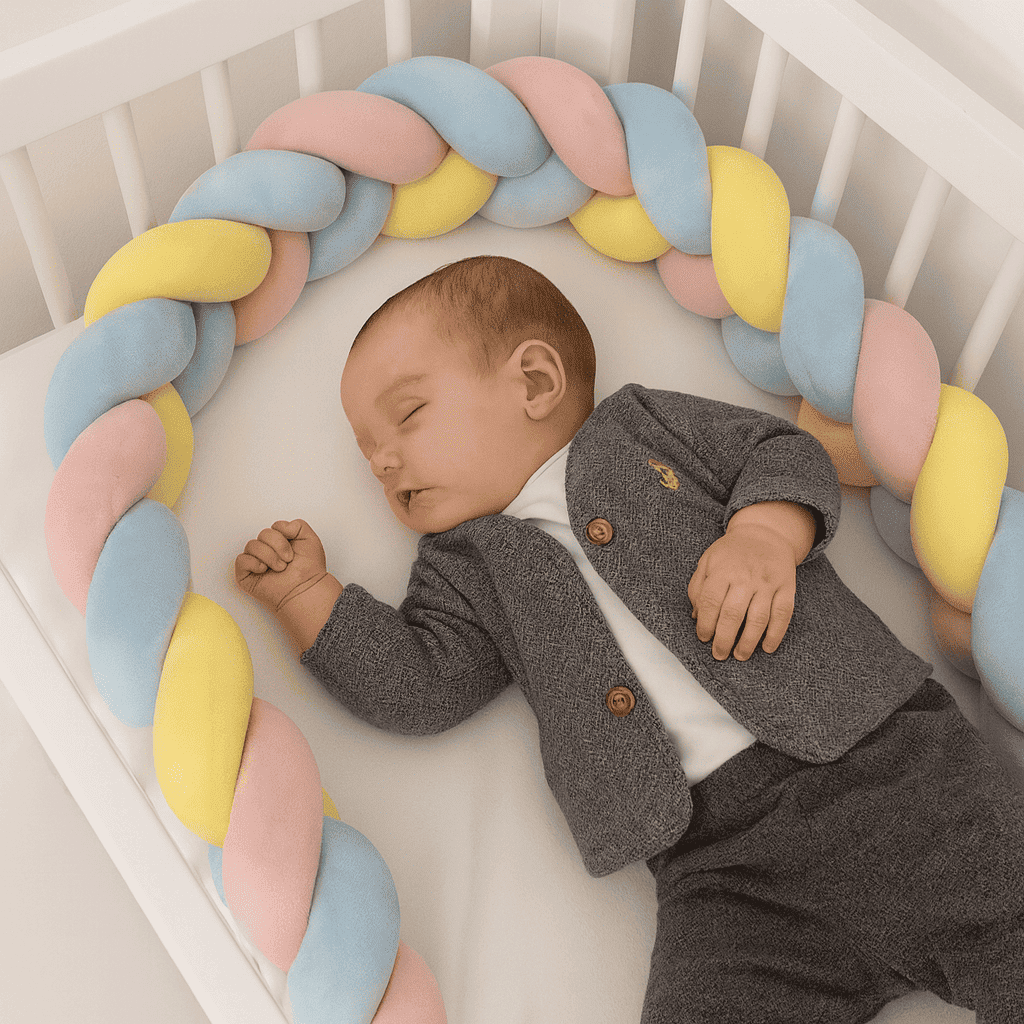 tresse-de-lit-3m-pastel-bleu-rose-jaune-bebe-endormi-berceau-blanc-securite-doux-rempart