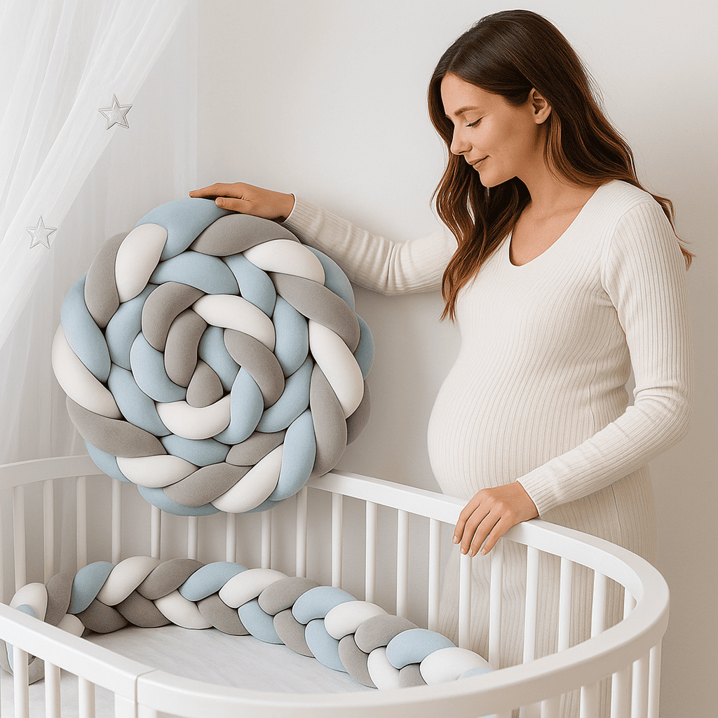 tresse-de-lit-3m-tuto-future-maman-enceinte-preparant-chambre-bebe-avec-tresse-de-lit-gris-blanc-bleu-decoration-douce-et-securisee-monnid