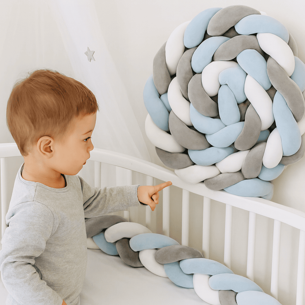 tresse-de-lit-3m-tuto-petit-garcon-dans-berceau-blanc-avec-tresse-de-lit-pastel-bleu-gris-blanc-decoration-murale-securite-bebe-monnid