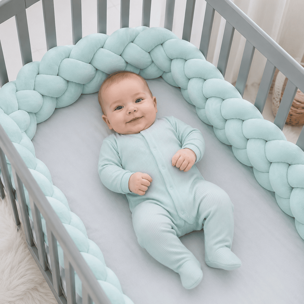 tresse-de-lit-4m-bebe-allonge-dans-berceau-gris-avec-tresse-bleue-confort-velours-securisom