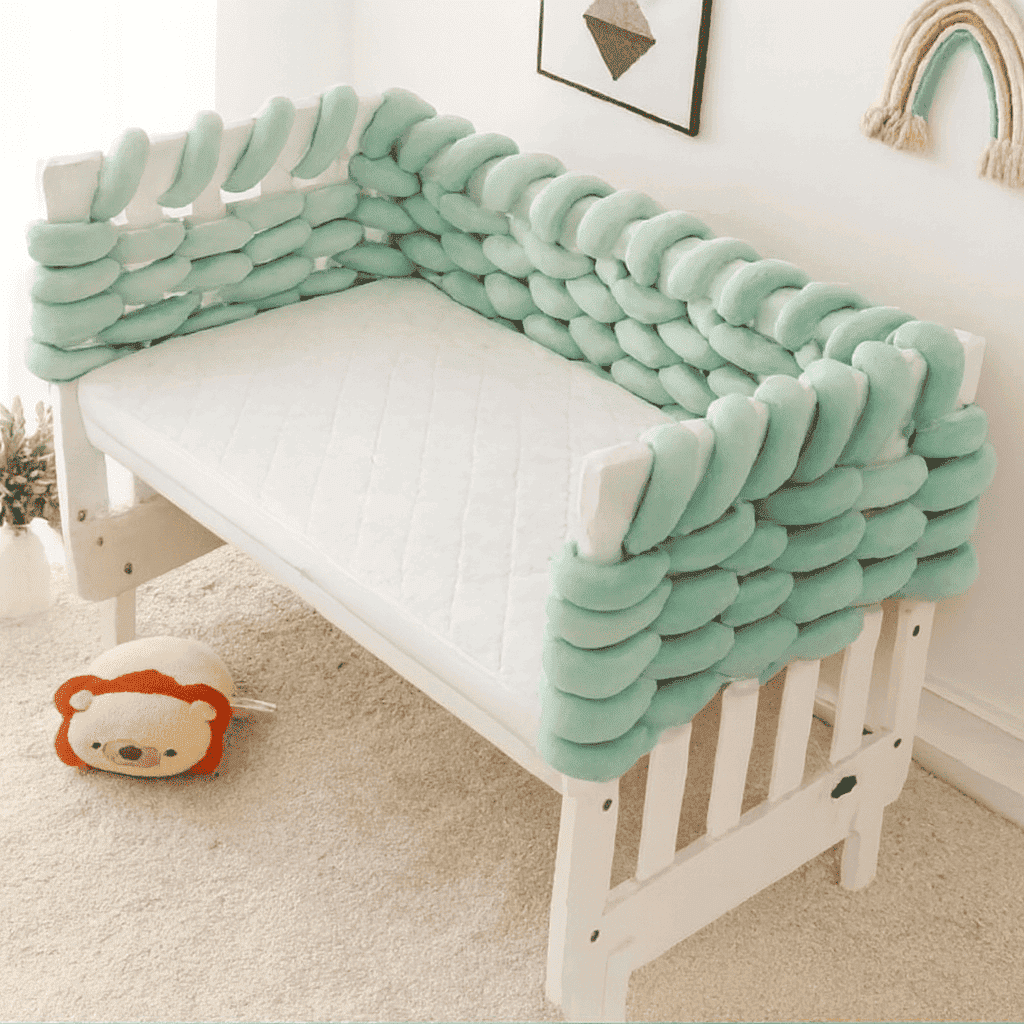 tresse-de-lit-5m-bumper-vert-menthe-matelas-blanc-nurserie-ruban-ambre