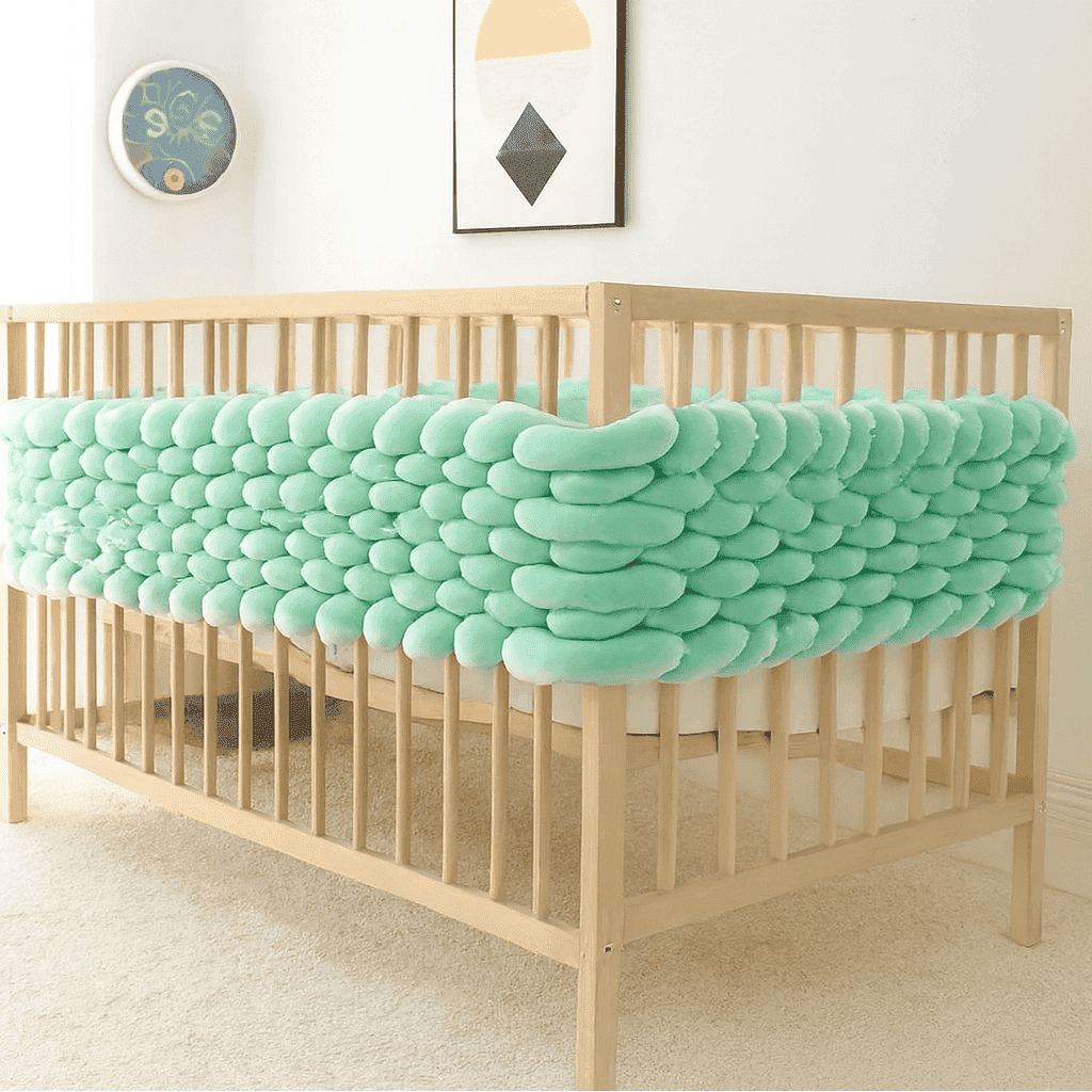 tresse-de-lit-5m-bumper-vert-pastel-matelas-blanc-nurserie-ruban-ambre