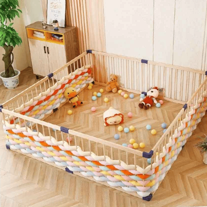 tresse-de-lit-5m-parc-enfant-bois-peluches-balles-couleurs-securite-nurserie-sentier-calme