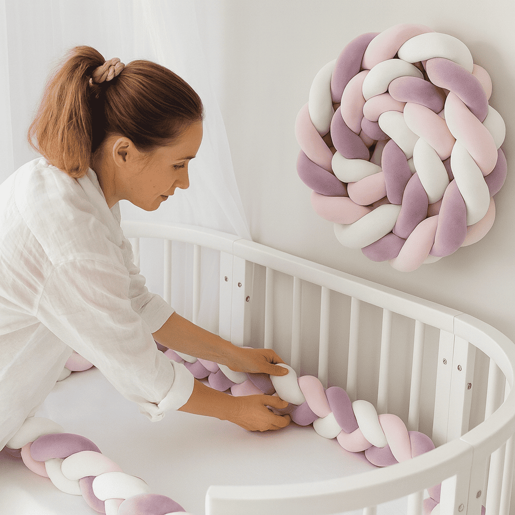 tresse-de-lit-bebe-3m-violet-rose-blanc-placee-dans-un-berceau-blanc-maman-qui-ajuste-la-tresse-bebecocon