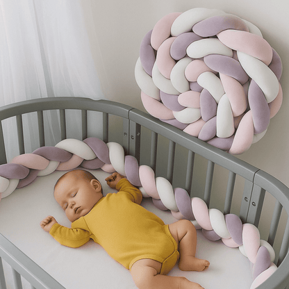 tresse-de-lit-bebe-3m-violet-rose-blanc-placee-dans-un-berceau-gris-avec-bebe-serein-habille-en-jaune-bebecocon