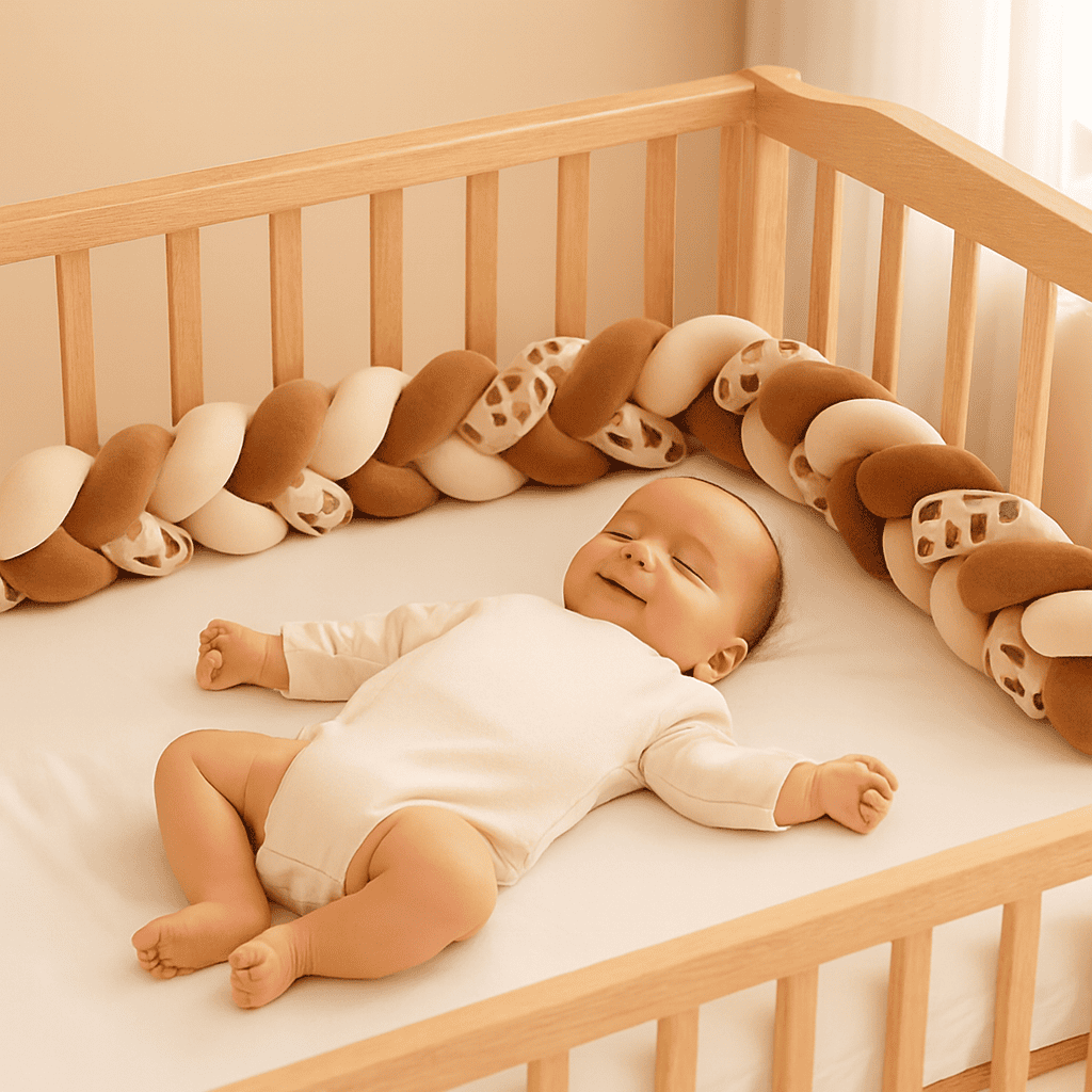 tresse-de-lit-bebe-bebe-dans-lit-bois-coussin-brun-blanc-girafe-securite-horizon-douceur