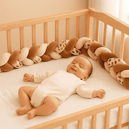 tresse-de-lit-bebe-bebe-dans-lit-bois-coussin-brun-blanc-girafe-securite-horizon-douceur