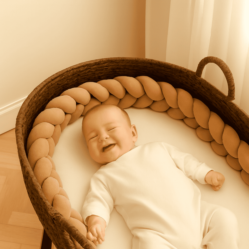 tresse-de-lit-bebe-beige-dans-couffin-avec-bebe-souriant-chambre-douce-plume-de-reve