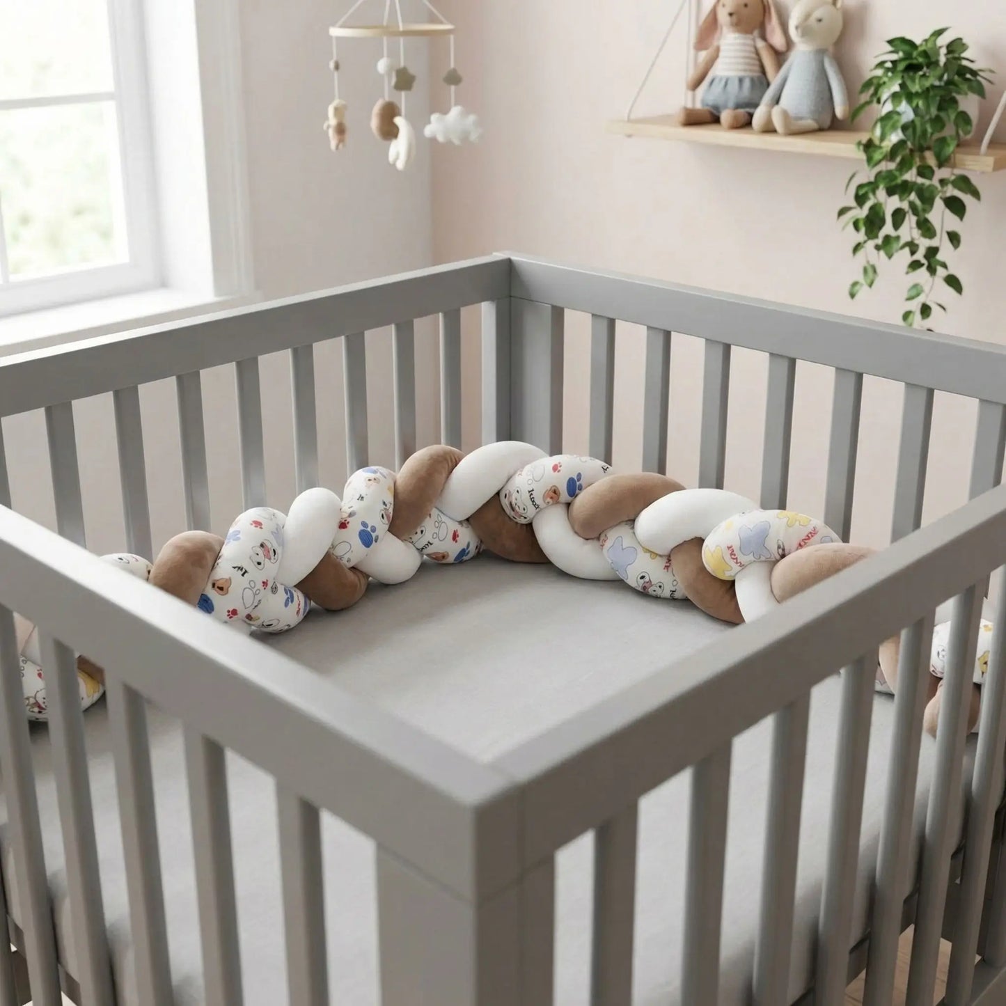 tresse-de-lit-bebe-blanc-beige-imprime-dessins-lit-gris-berce-brise