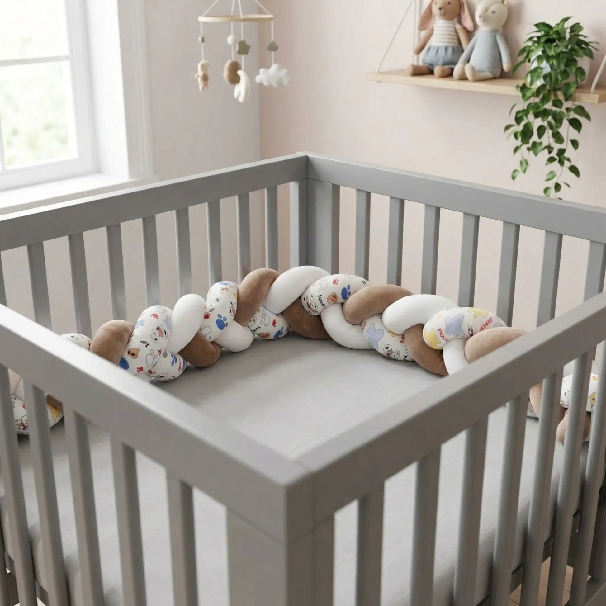 tresse-de-lit-bebe-blanc-beige-imprime-dessins-lit-gris-berce-brise