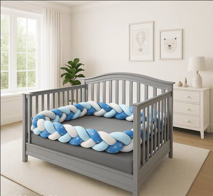 tresse-de-lit-bebe-blanc-bleu-fleuri-dans-berceau-gris-petit-nid