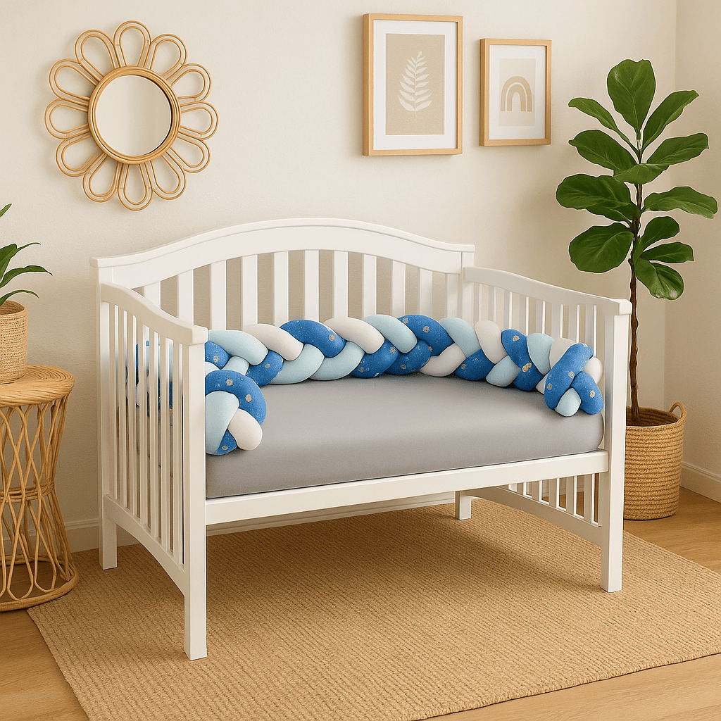 tresse-de-lit-bebe-blanc-bleu-simple-bleu-fleuri-dans-berceau-blanc-petit-nid