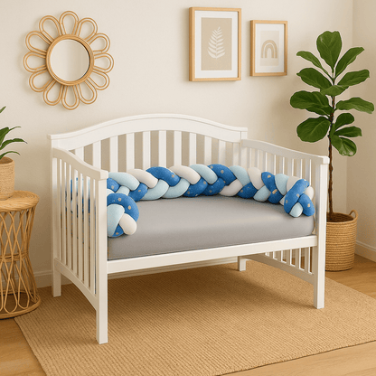 tresse-de-lit-bebe-blanc-bleu-simple-bleu-fleuri-dans-berceau-blanc-petit-nid