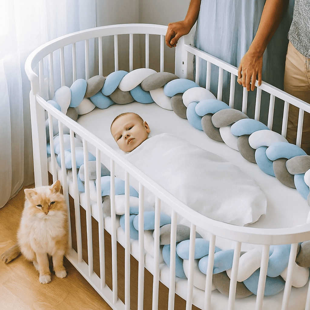 tresse-de-lit-bebe-dans-berceau-blanc-avec-tresse-de-lit-pastel-parents-attentionnes-et-chat-dans-chambre-douce-et-securisee-laperle