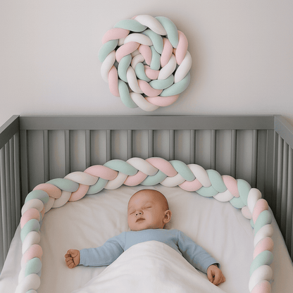 tresse de lit bebe dormant berceau gris tresse de lit pastel protection securite nurserie douceur deco nurserie
